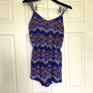 Small Romper Adjustable Straps Blue White Orange Pattern Stretchy Waist V-neck